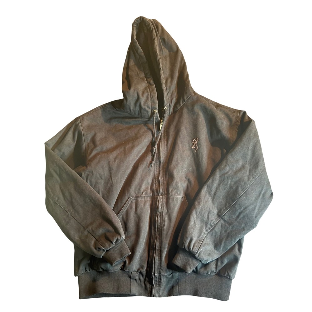 Browning Canvas Work Jacket Mens Large Black Quilted Hooded Full Zip Buckmark